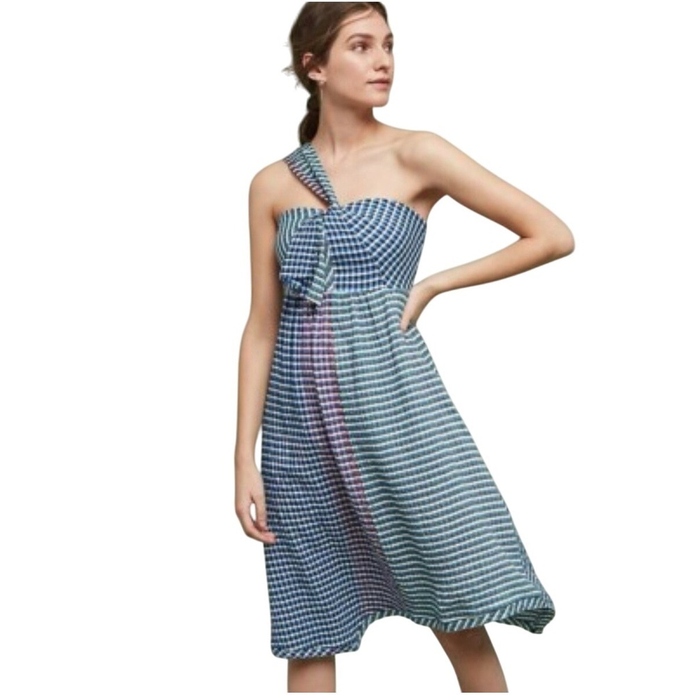 Maeve‎ Anthropologie One Shoulder Dress Blue Gingham Striped Midi Summer Party